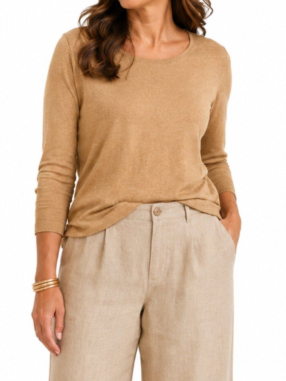 Chico's Size LG 100% Cotton Long Sleeve Knit Top Camel Tan NWT Everyday basics